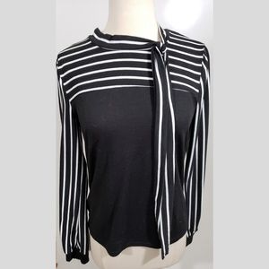 Black and White Striped top w/ tie neck